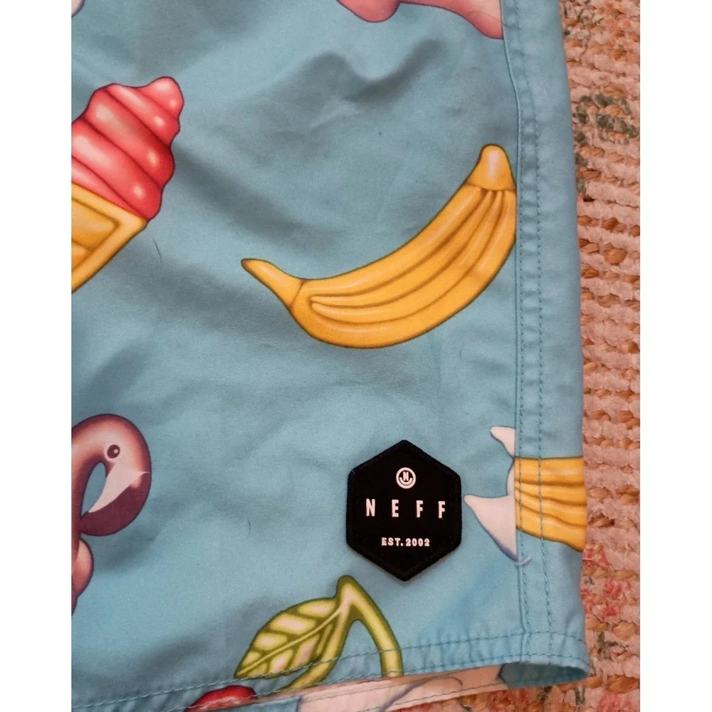 NEFF Pool Party Swim Trunks Large Flamingo Swan Cherry Banana Print